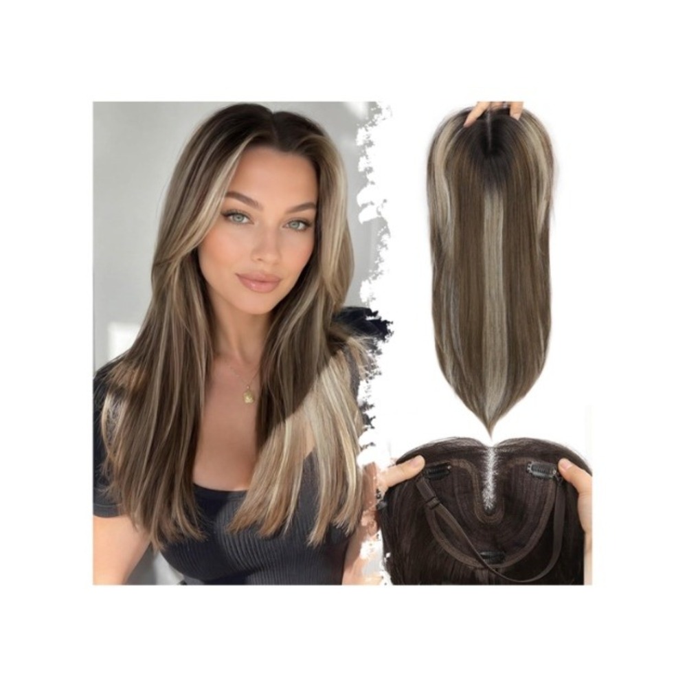 Eawwii Hair Topper Brown Blonde 18 Inch Synthetic Clip In Bangs Full Coverage
